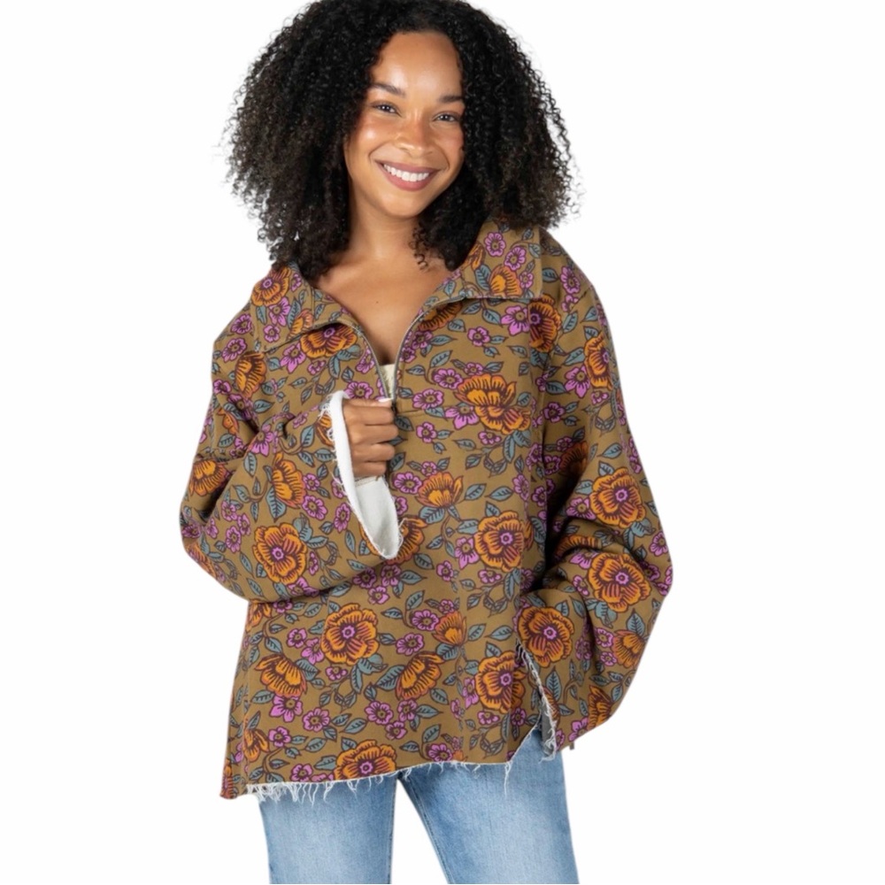 NATURAL LIFE Mustard Floral Half-Zip Sweatshirt with Purple & Orange Accents